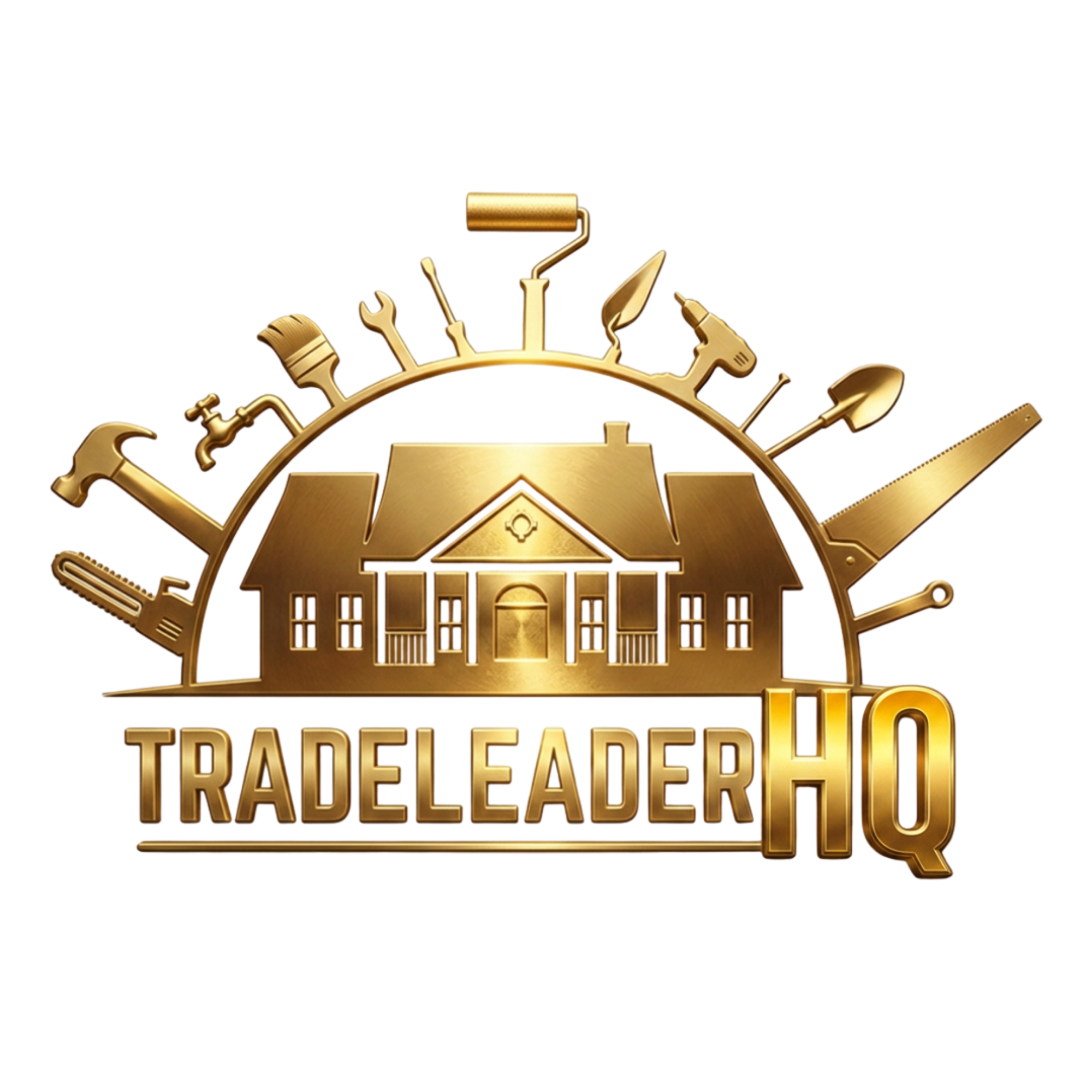 TradeLeaderHQ logo: a gold home framed by an arch of trade tools